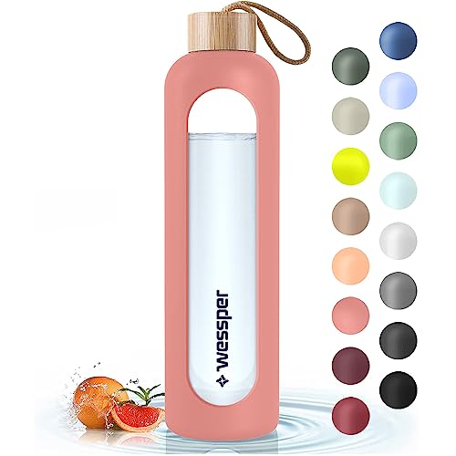 Wessper Botella de Cristal Botella Agua Motivacional Con Marcas de Tiempo Vidrio de borosilicato Con Tapa de Bambú Sin Fugas para Deporte Camping para Niños y Adultos 1L Rosa